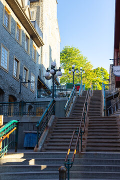 Quebec City, Quebec, Canada, September 17, 2023 - The 1893 Escalier Casse-Cou (Breakneck Steps) between the Du Petit-Champlain Street and C&ocirc;te de la Montagne in the Petit-Champlain old town area