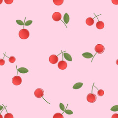 Seamless pattern of cherry fruit with green leaves on pink background vector illustration. Cute fruit print.