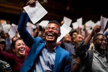 Joyful immigrants holding citizenship papers tears and laughter of relief 