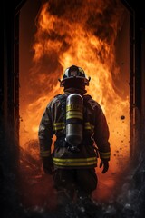 Dramatic portrayal of a firefighter stepping out from roaring flames. The cinematic essence captures the courage and resilience of first responders in action