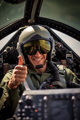 Inside a fighter jet cockpit, a pilot gives a thumbs up, symbolizing readiness and determination. Perfect for themes of aviation, bravery, and expertise