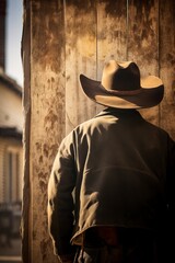 Rear view of a cowboy, hat shadowing his face, studying a wanted poster on a weathered wooden wall. Background hints at a dusty town with saloons and horses, capturing the essence of the frontier era