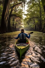 A man kayaks through a serene swamp, surrounded by nature's beauty. The image captures the essence of outdoor adventure and exploration