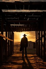 Silhouette of a cowboy against a golden sunset, pausing by a wooden structure with a wanted poster. The vast landscape and long shadows evoke the timeless spirit of the frontier
