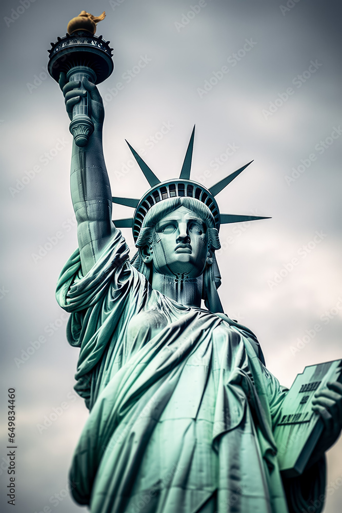 Poster statue of liberty close-up skyline background with empty space for text