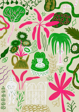 Fototapeta Lush Tropical garden poster pattern with exotic trees, flowers plants and  luxorious statues