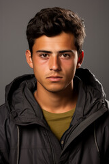 Fototapeta premium Young immigrants hopeful yet uncertain gaze isolated on a grey gradient background 