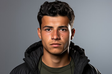 Obraz premium Young immigrants hopeful yet uncertain gaze isolated on a grey gradient background 