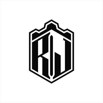 recommend clip art: RJ Letter Logo monogram hexagon shield shape crown castle with outline style design