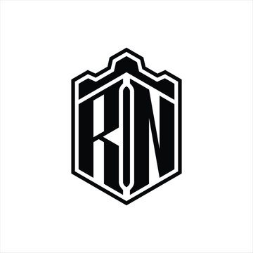 recommend clip art: RN Letter Logo monogram hexagon shield shape crown castle with outline style design