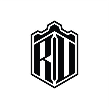 recommend clip art: RU Letter Logo monogram hexagon shield shape crown castle with outline style design