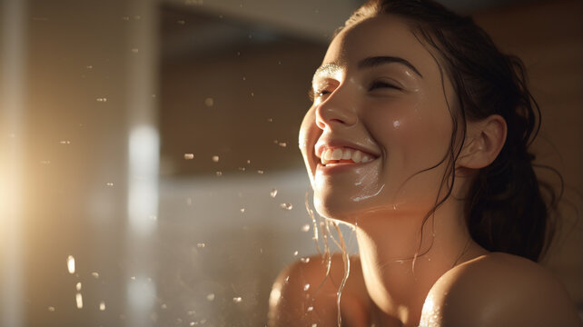 A woman is taking a shower with the water hitting her, refreshing. cosmetics photo, beauty industry advertising photo.