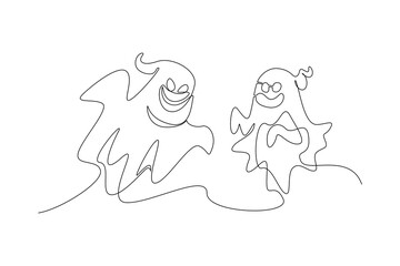 One continuous line drawing of  Cute funny happy ghosts concept. Doodle vector illustration in simple linear style. 