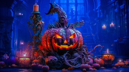 Spooky Halloween scene with glowing jack-o'-lantern. Generative AI