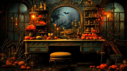 Enigmatic room adorned with pumpkins, candles, and captivating decor. Generative AI