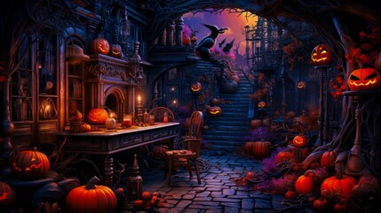 Dimly lit room adorned with Halloween essentials featuring a jack-o'-lantern and fireplace. Generative AI