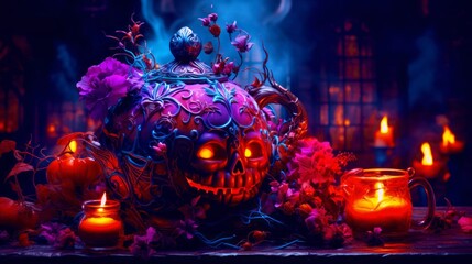 Captivating Halloween Table Setting with Decorative Teapot and Flickering Candles.Generative AI