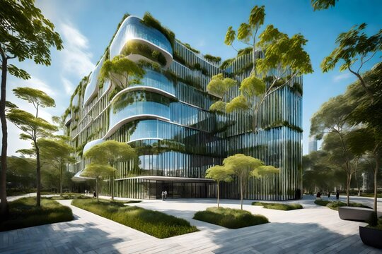 modern office building ,Eco-friendly building in the modern city. Sustainable glass office building with tree for reducing heat and carbon dioxide. Office building with green 