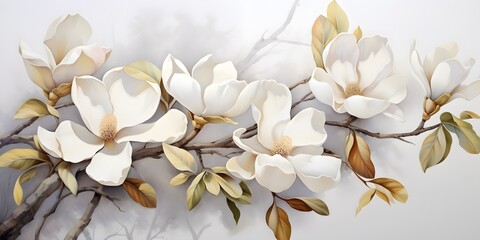Watercolor painting floral digital art wall decor. Golden white and gray flowers for wall canvas decor. White magnolia flower in watercolor - obrazy, fototapety, plakaty