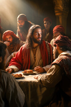 Jesus Christ gathered in the upper room at the table with the apostles teaching them to evangelize Generative AI Illustration