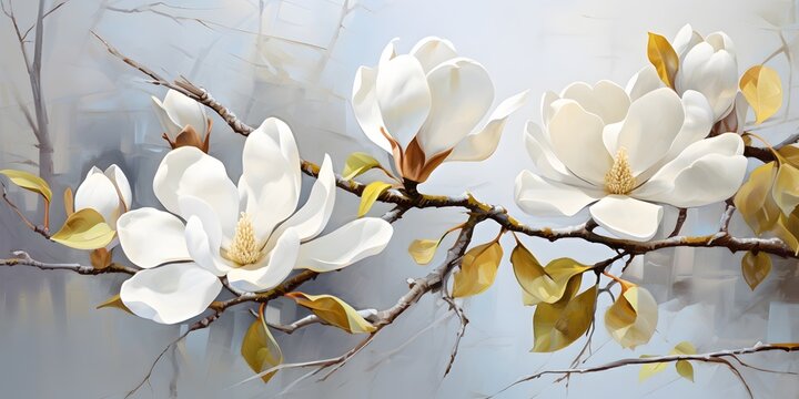 Watercolor painting floral digital art wall decor. Golden white and gray flowers for wall canvas decor. White magnolia flower in watercolor