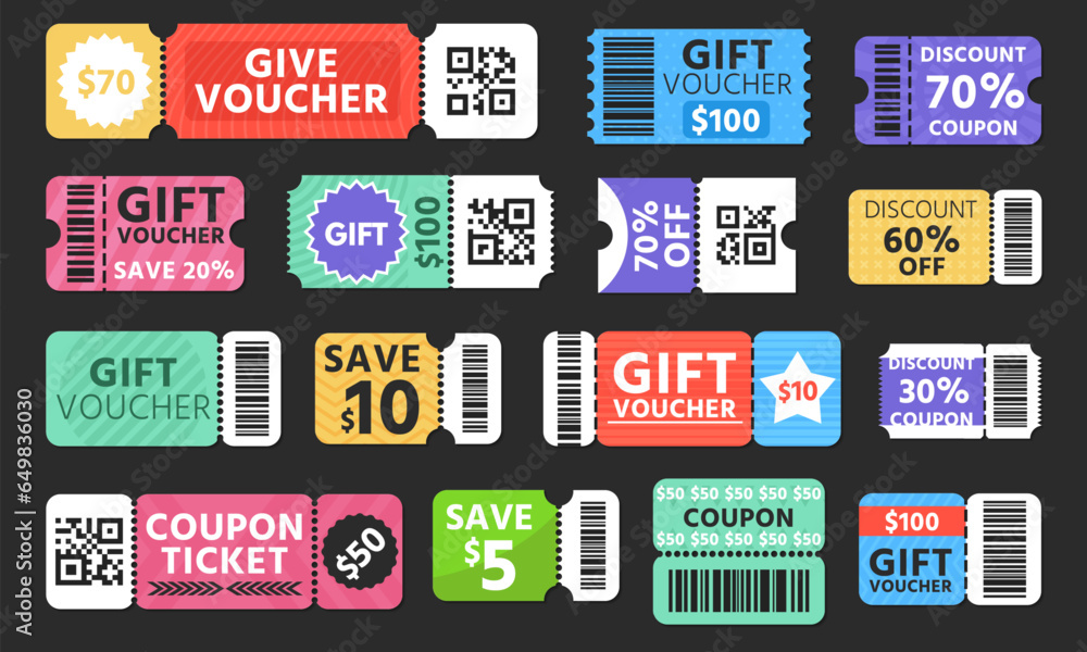 Wall mural Gift voucher set. Retro vintage raffle stickers with offer code, discount code, free ticket, offer banner and UI elements. Vector collection