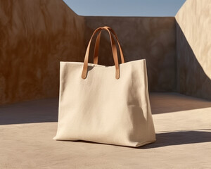 Beige canvas shopping bag on the sand, mock up