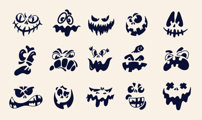 Set of scary and funny faces of Halloween pumpkin or ghost. Halloween collection of jack o lantern spooky smiling faces. October party scary cartoon clipart for pumpkin. Vector illustration.