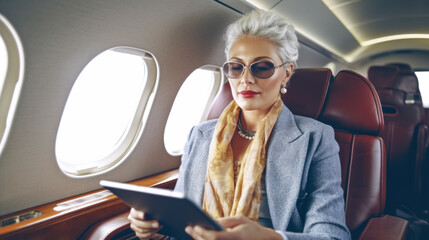 Businesswoman using digital tablet in airplane. Business travel and technology concept.