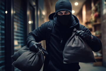 Robber with a bag of money in the city. The concept of robbery. - obrazy, fototapety, plakaty