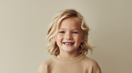 A cheerful young boy with blond hair grins against a neutral beige backdrop.