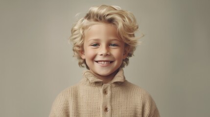 A blond-haired boy looks delightfully happy against a light beige studio.