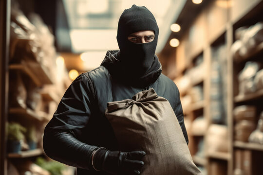 Thief in black balaclava stealing bag of money in store
