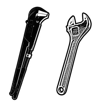 Standard and adjustable wrench or spanner, retro stencil illustration stamps with distressed grunge texture isolated on transparent background