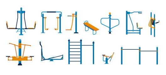 Outdoor workout equipment. Fitness gym equipment for park ground, playground and street. Cartoon fitness gym machine and active lifestyle concept