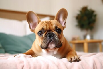 Cute French bulldog in a bedroom, closeup.