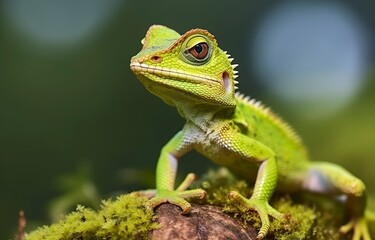 Obraz premium Bronchocela cristatella, also known as the green crested lizard.