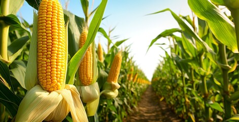 Obraz premium Closeup corn cobs in corn plantation field.