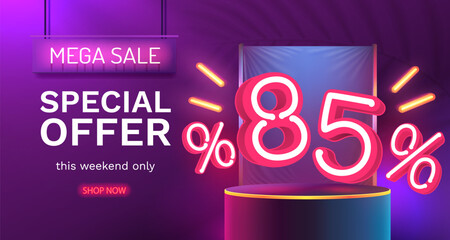 Mega sale special offer, Neon 85 off sale banner. Sign board promotion. Vector illustration