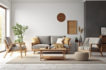 Interior of light living room with grey sofas, wooden armchair, and coffee table.