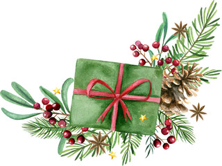 Hand drawn watercolor Christmas composition with green gift box, fir branches, berries and pine cones.