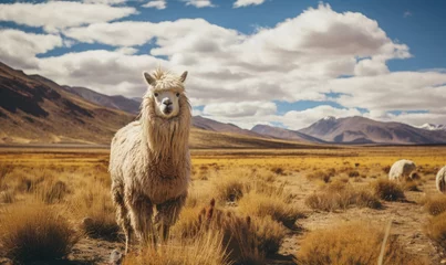 Selbstklebende Fototapeten Close-up llama stands tall in a vast Bolivian field. Created by AI © smth.design