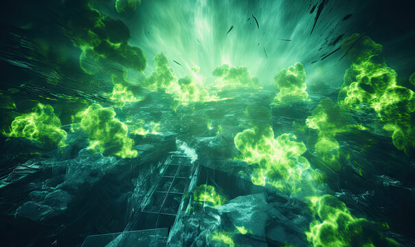 Intense radiant green glow suggesting radioactive presence. Created by AI