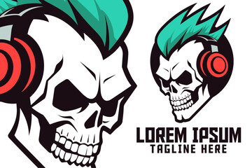 Skeleton Music Icon for Sport and Esport: Punk Skull Head Mascot and Rock Star Badge Emblem
