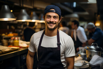 Fototapeta premium Portrait of chef in apron and toque standing in commercial kitchen. male profession concept