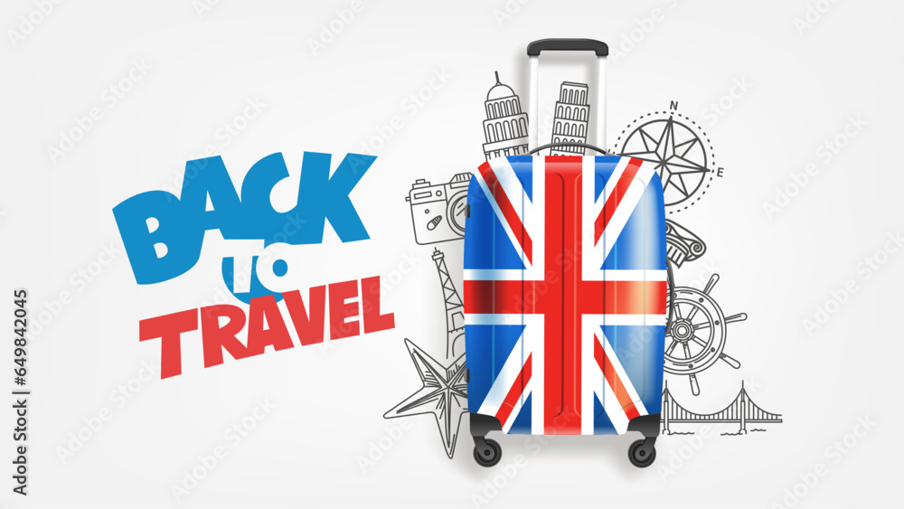 Poster back to travel concept with suitcase and doodle elements. vector banner with lettering text