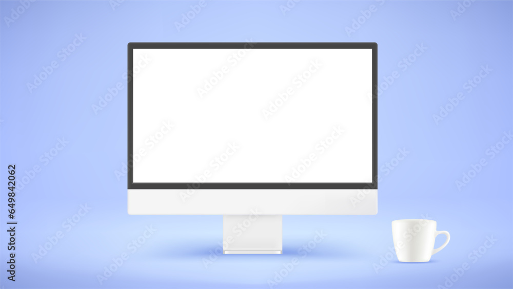 Poster Modern computer with blank screen and white cup. 3d vector mockup