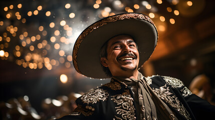 Cantante mexicano en espectáculo de teatro con papeles de colores y luces brillantes sonriente y disfrutando de los aplausos - obrazy, fototapety, plakaty