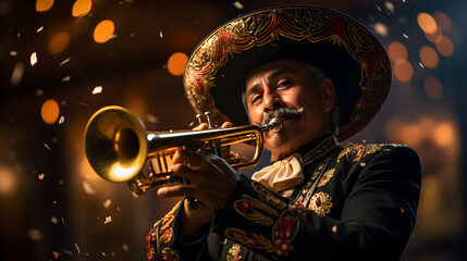Charro Mexicano, con sombrero grande trompeta, guitarra entre luces brillantes sobre un escenario sonriente, serenata mexicana - obrazy, fototapety, plakaty