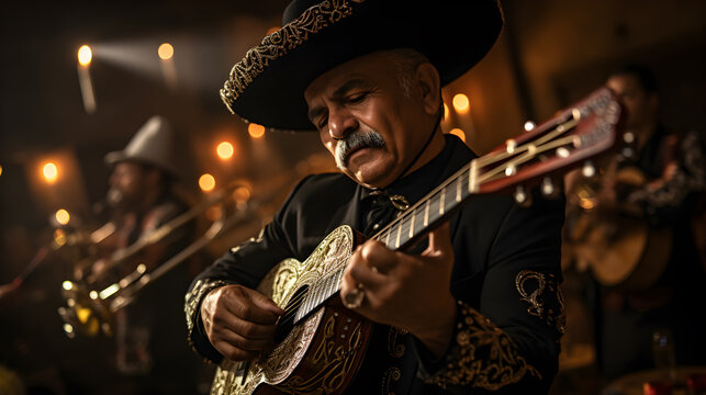 Hombre Mexicano Charro Con Trompeta En Escenario Con Luces Brillantes, Tocando Una Guitarra Y Con Un Gran Sombrero